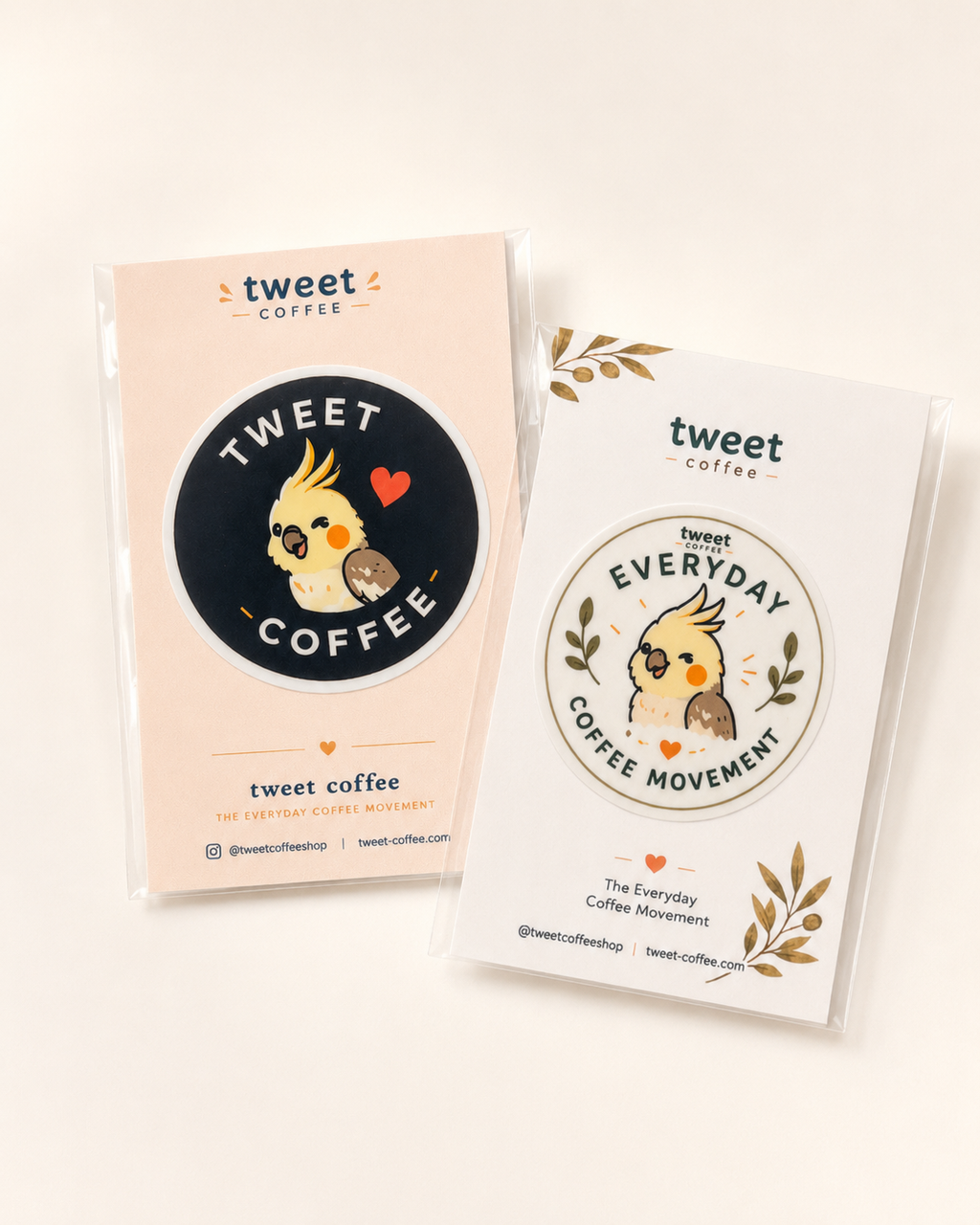 Tweet Coffee signature sticker set shown in retail packaging, featuring the navy bird sticker and Everyday Coffee Movement bird sticker.