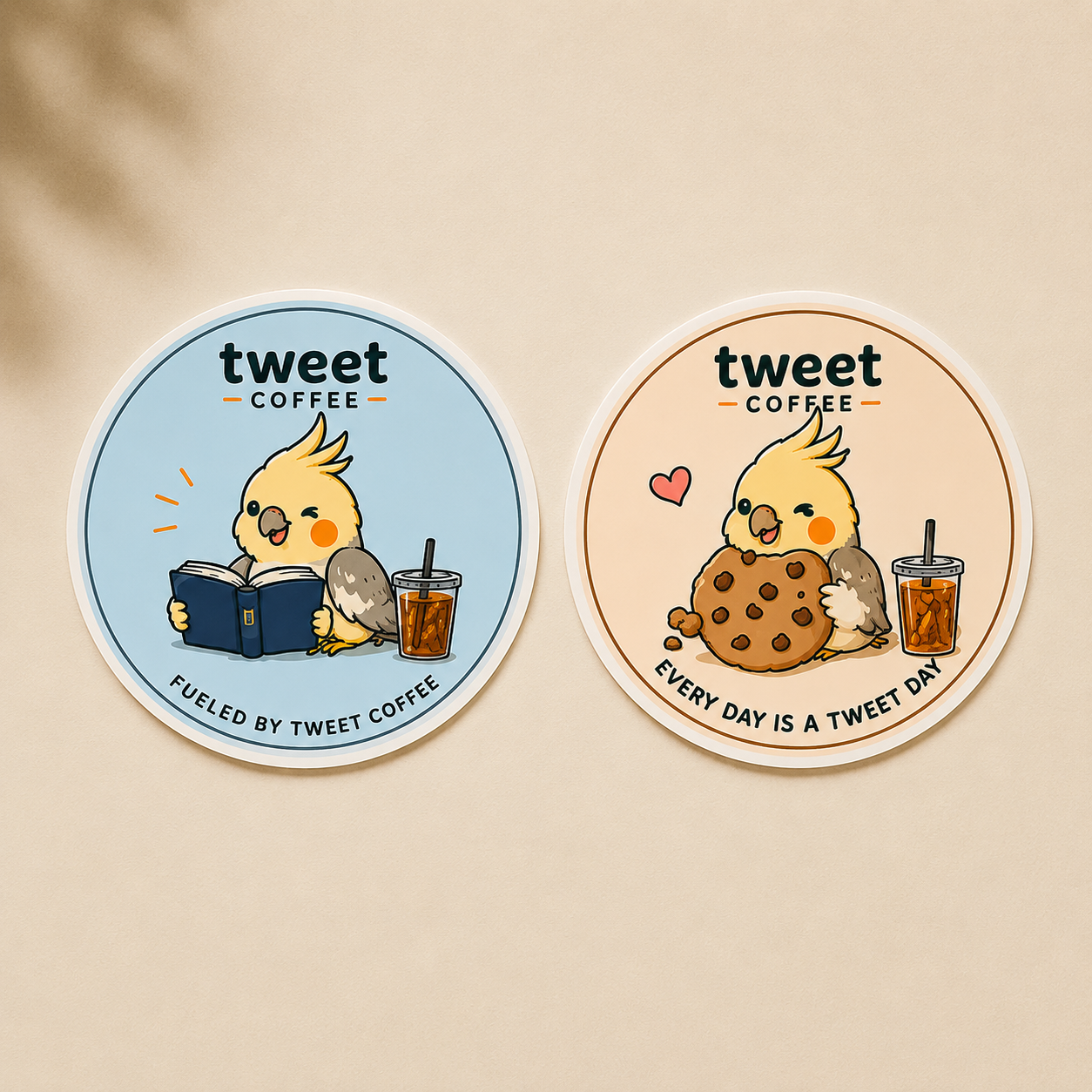 Tweet Coffee limited edition sticker set with reading bird sticker and cookie bird sticker