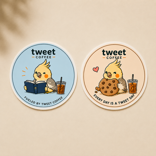 Tweet Coffee limited edition sticker set with reading bird sticker and cookie bird sticker