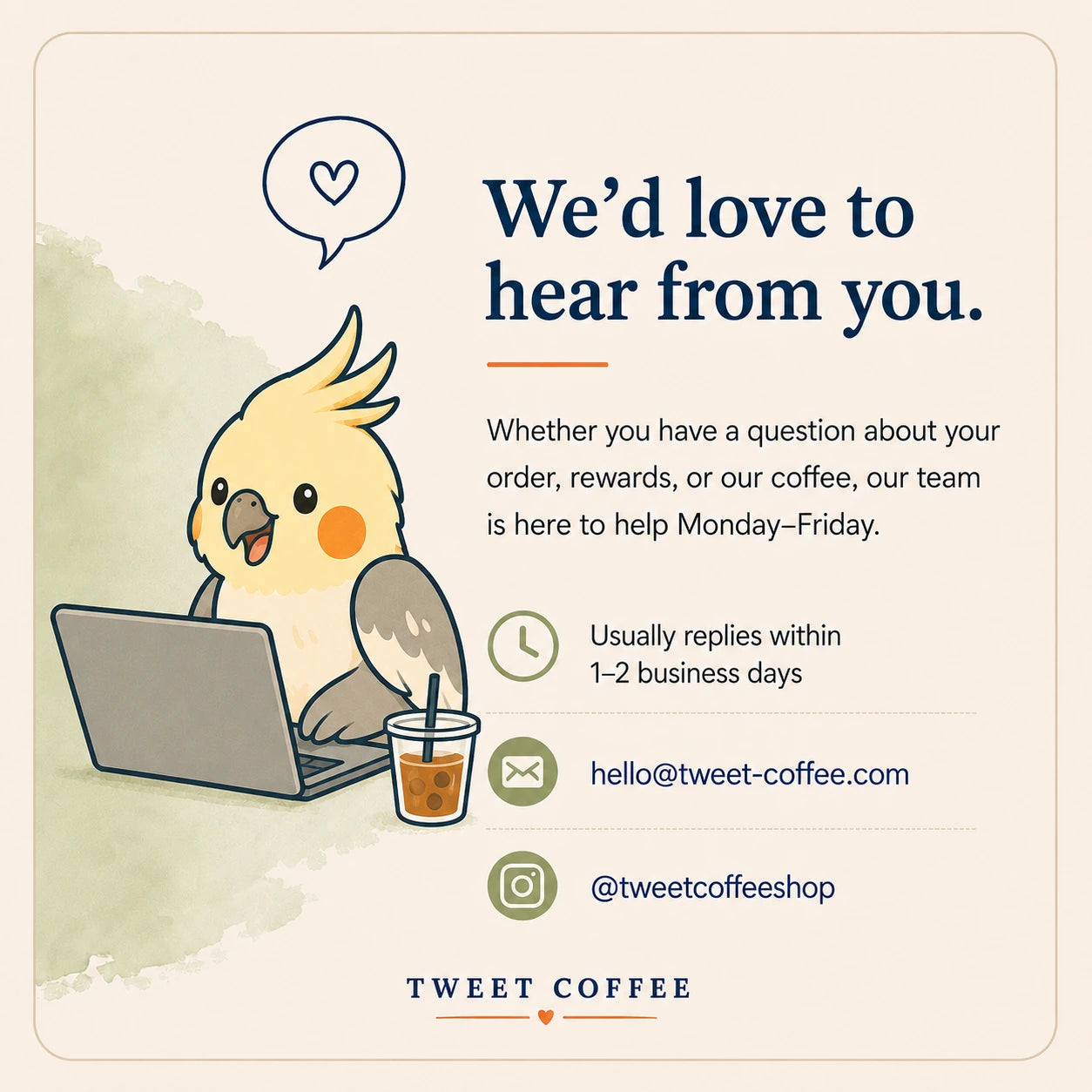 Tweet Coffee customer support information with bird at a laptop and iced coffee