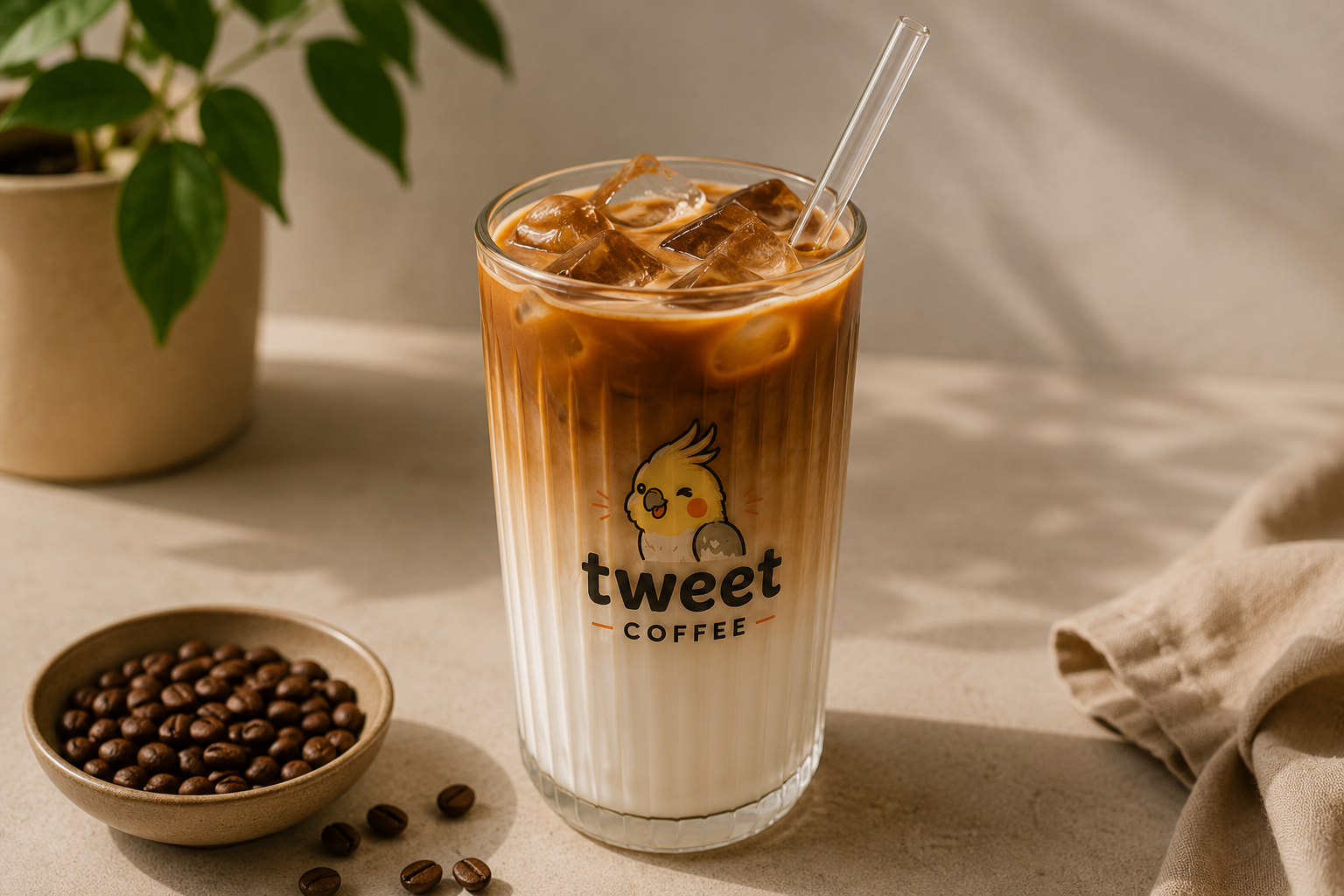 Creamy Tweet Coffee iced coffee in a branded glass with ice, milk, and a reusable glass straw.