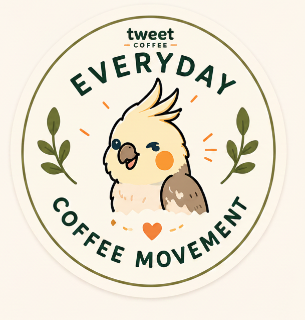 Tweet Coffee Everyday Coffee Movement sticker featuring the Tweet bird mascot with leafy accents and the words Everyday Coffee Movement.