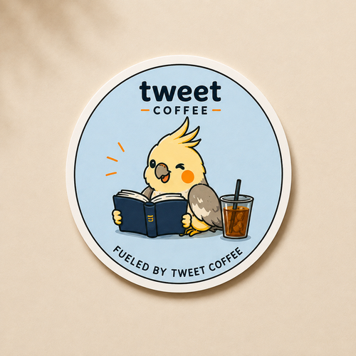 Tweet Coffee Fueled by Tweet Coffee sticker with bird reading a book beside an iced coffee