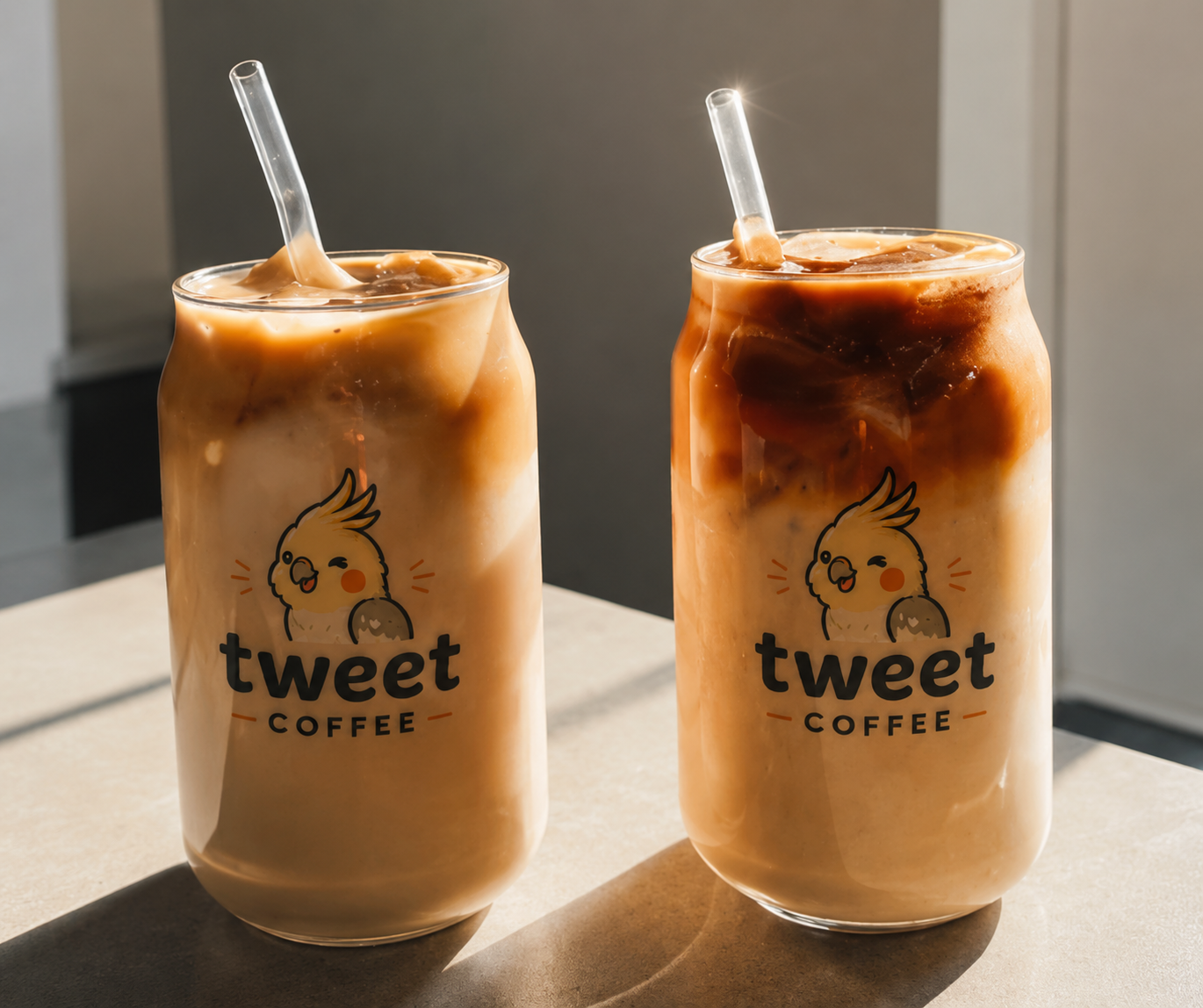 Tweet Coffee iced coffee twinsies: two customized iced coffees in branded glasses, one creamy and one darker.