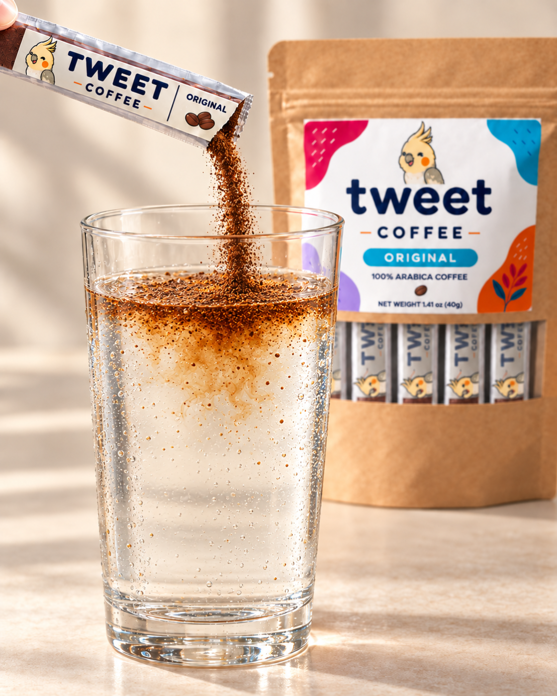 Tweet Coffee Original instant iced coffee powder dissolving in a glass of cold water