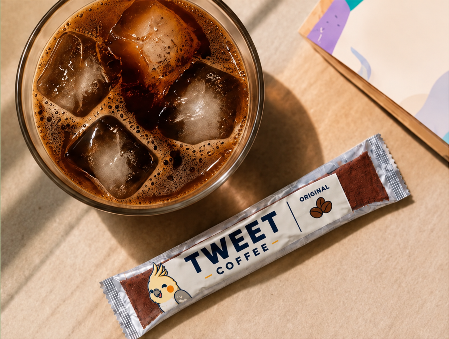 Tweet Coffee Original instant coffee stick beside a glass of iced coffee