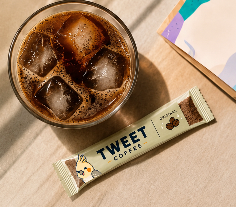 Tweet Coffee Original instant coffee stick beside a glass of iced coffee