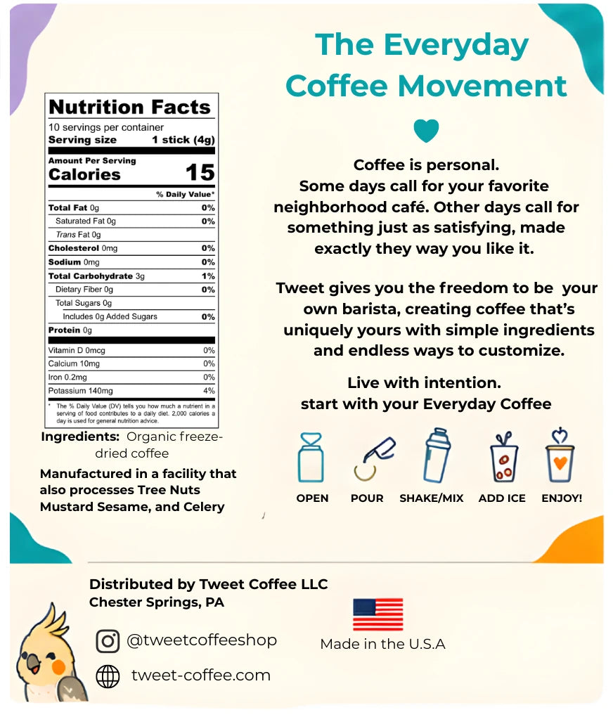 Tweet Coffee Original nutrition facts, ingredients, and instructions for making instant iced coffee