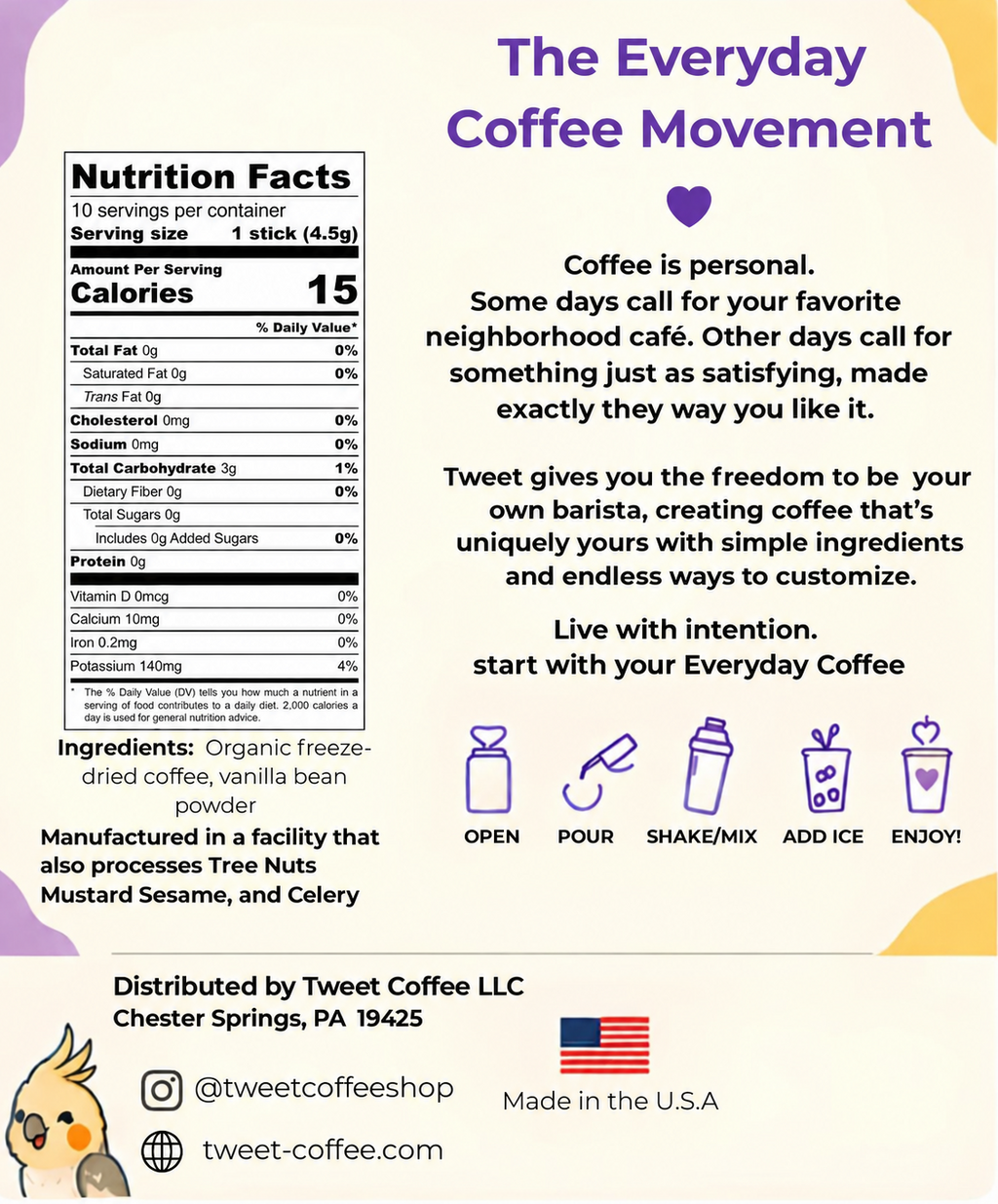 Tweet Coffee Vanilla nutrition facts, ingredients, and instructions for making instant iced coffee