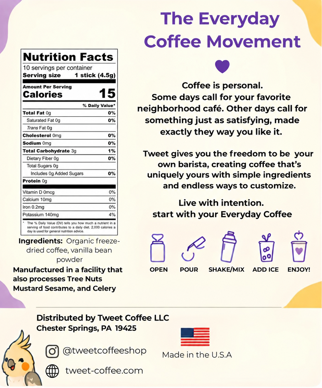 Tweet Coffee Vanilla nutrition facts, ingredients, and instructions for making instant iced coffee