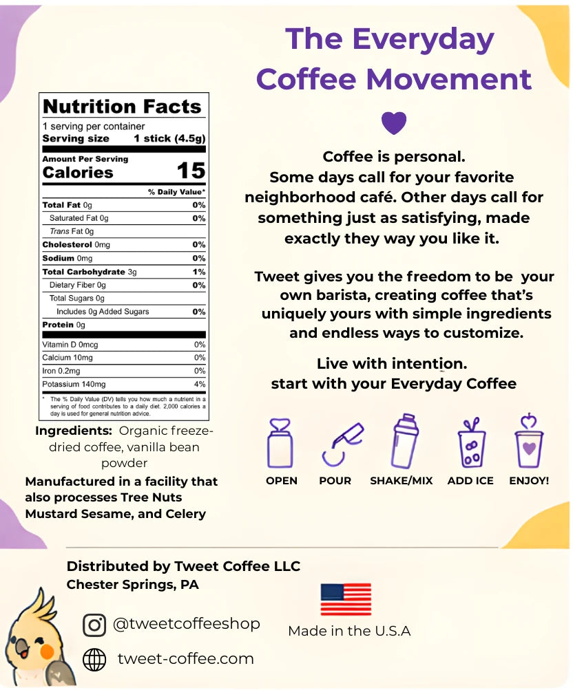 Tweet Coffee Vanilla nutrition facts, ingredients, and instructions for making instant iced coffee